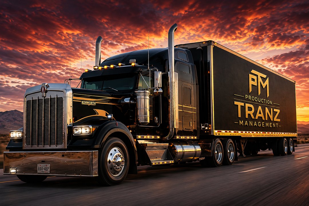 Black and gold Kenworth semi truck hauling a Production Tranz Management trailer on the highway at dusk
